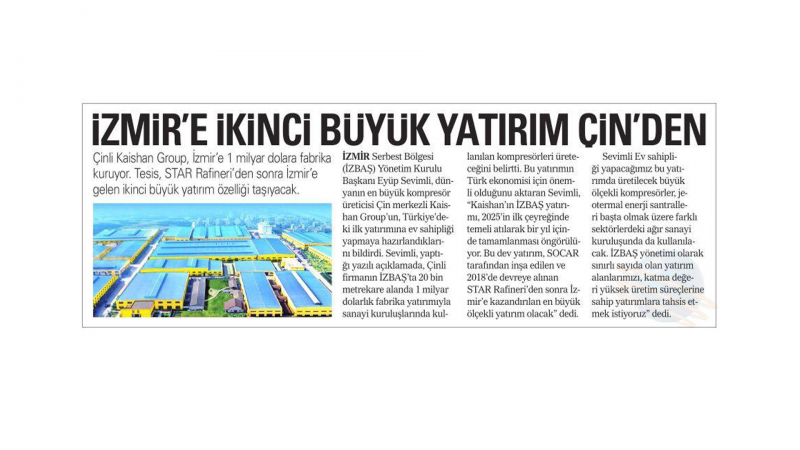 İzbaş - WORLD COMPRESSOR GIANT KAISHAN INVESTS $1 BILLION IN İZBAŞ